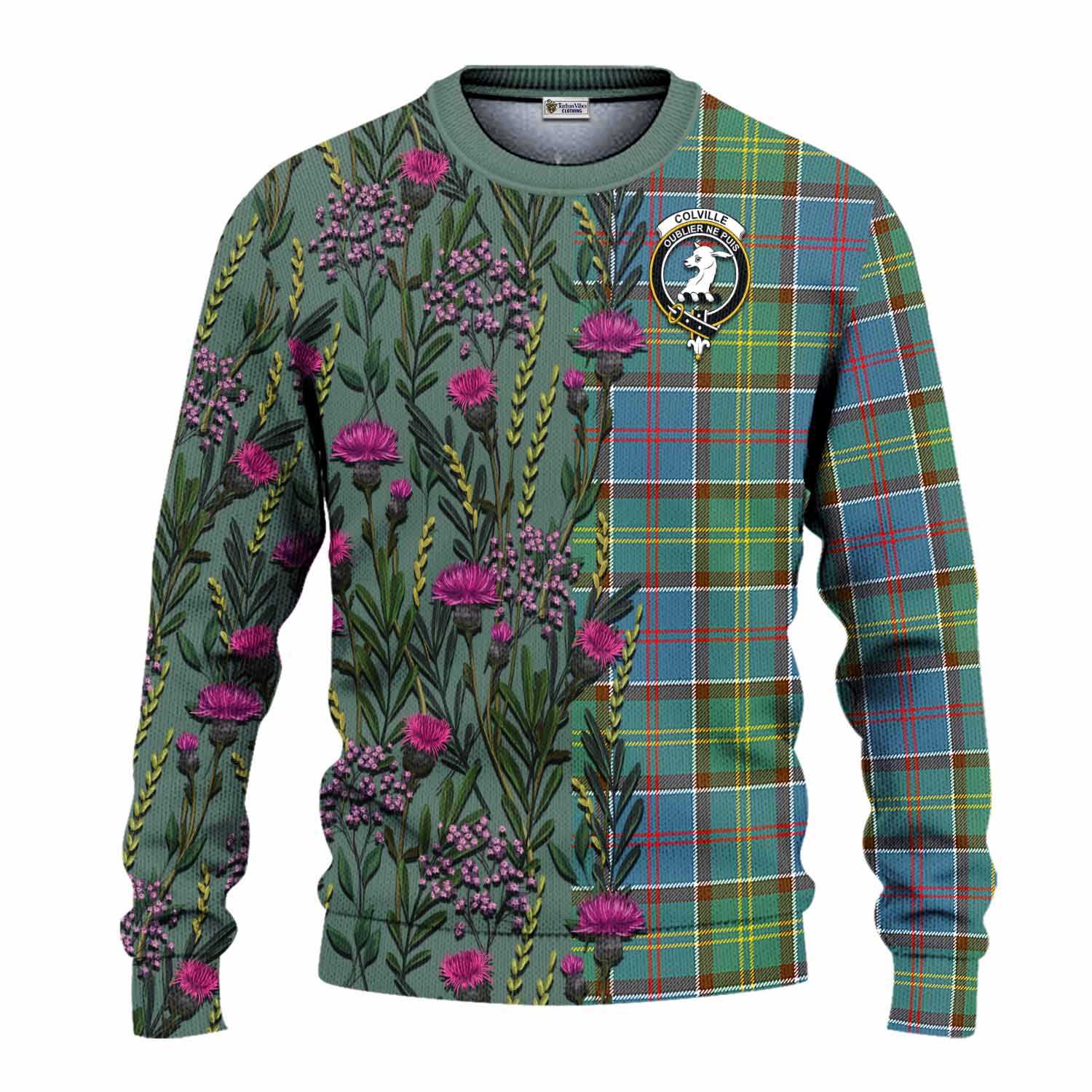 Colville Family Crest Tartan Knitted Sweater Scottish Thistle Flower Pattern Half Style - Tartan Vibes Clothing