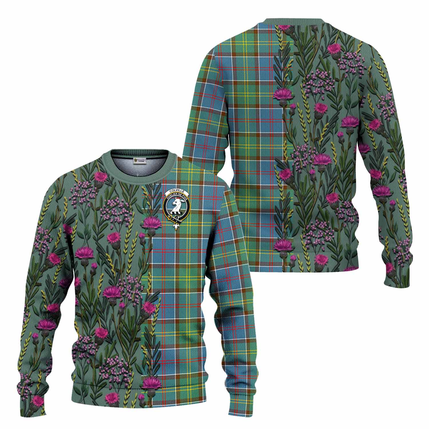Colville Family Crest Tartan Knitted Sweater Scottish Thistle Flower Pattern Half Style - Tartan Vibes Clothing