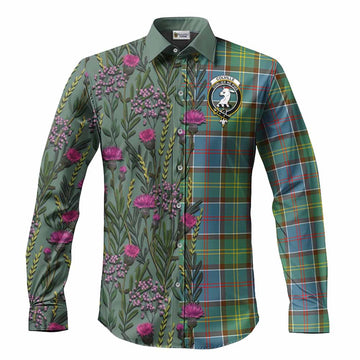 Colville Family Crest Tartan Long Sleeve Button Shirts Scottish Thistle Flower Pattern Half Style