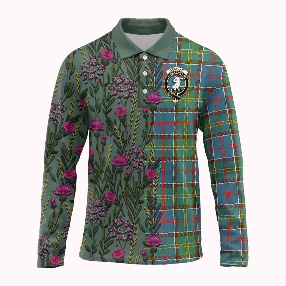 Colville Family Crest Tartan Long Sleeve Polo Shirt Scottish Thistle Flower Pattern Half Style - Tartan Vibes Clothing