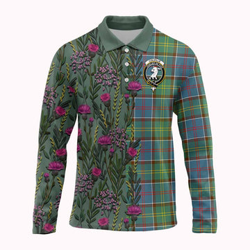 Colville Family Crest Tartan Long Sleeve Polo Shirt Scottish Thistle Flower Pattern Half Style - Tartan Vibes Clothing