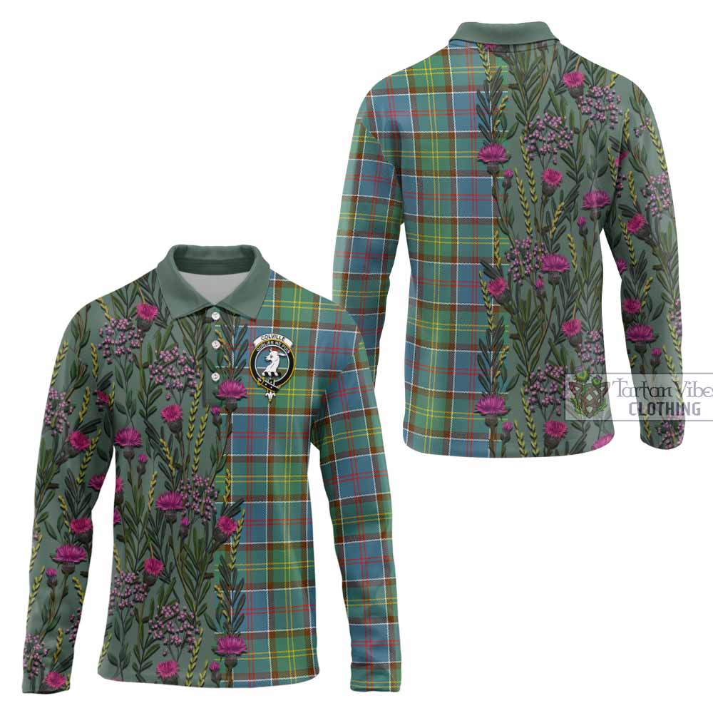 Colville Family Crest Tartan Long Sleeve Polo Shirt Scottish Thistle Flower Pattern Half Style - Tartan Vibes Clothing