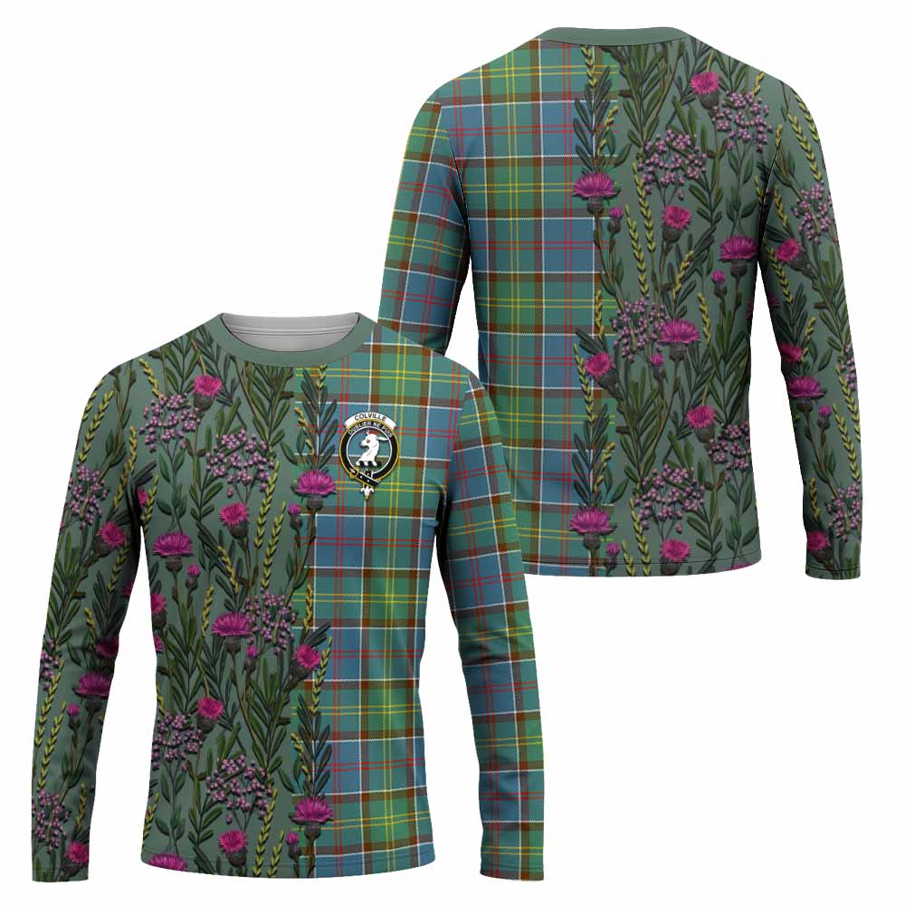 Colville Family Crest Tartan Long Sleeve T-Shirt Scottish Thistle Flower Pattern Half Style - Tartan Vibes Clothing