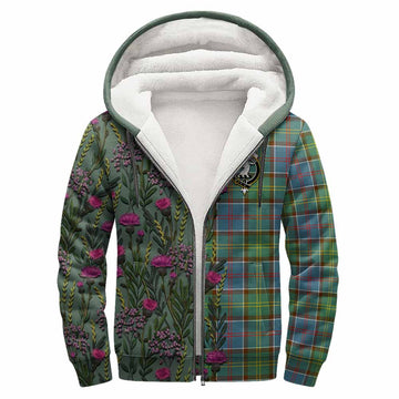 Colville Family Crest Tartan Sherpa Hoodie Scottish Thistle Flower Pattern Half Style