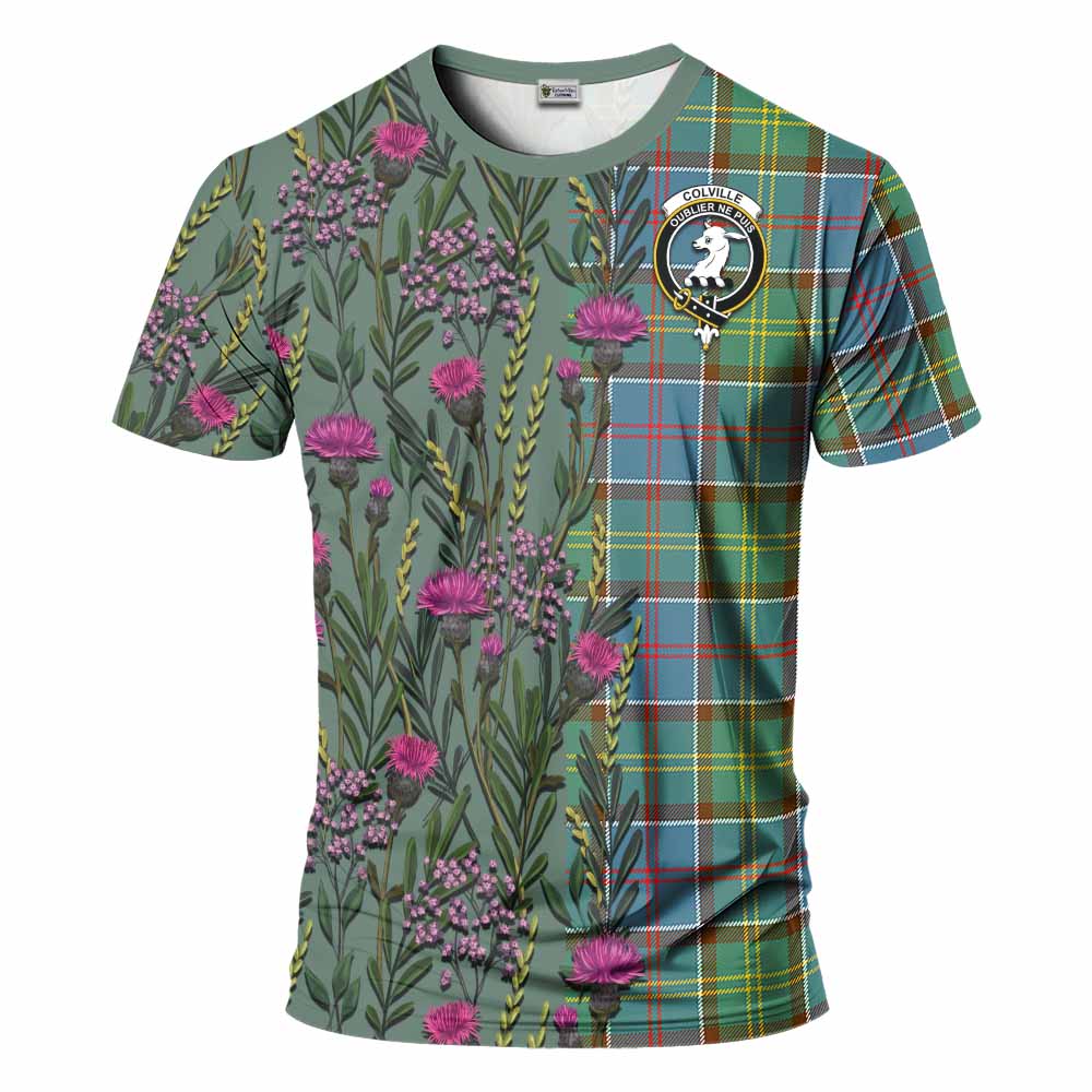 Colville Family Crest Tartan T-Shirt Scottish Thistle Flower Pattern Half Style - Tartan Vibes Clothing