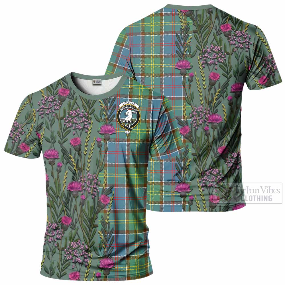 Colville Family Crest Tartan T-Shirt Scottish Thistle Flower Pattern Half Style - Tartan Vibes Clothing