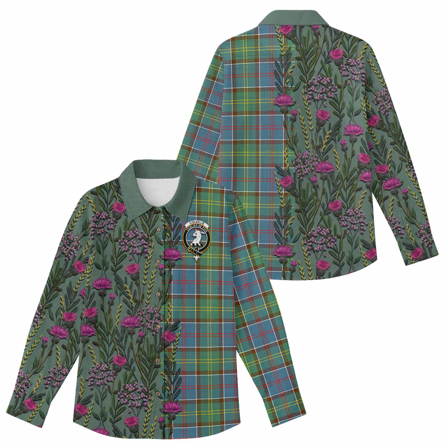 Colville Family Crest Tartan Women Casual Shirt Scottish Thistle Flower Pattern Half Style - Tartan Vibes Clothing