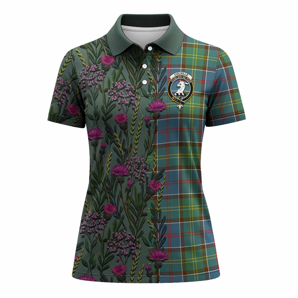Colville Family Crest Tartan Women Polo Shirt Scottish Thistle Flower Pattern Half Style - Tartan Vibes Clothing