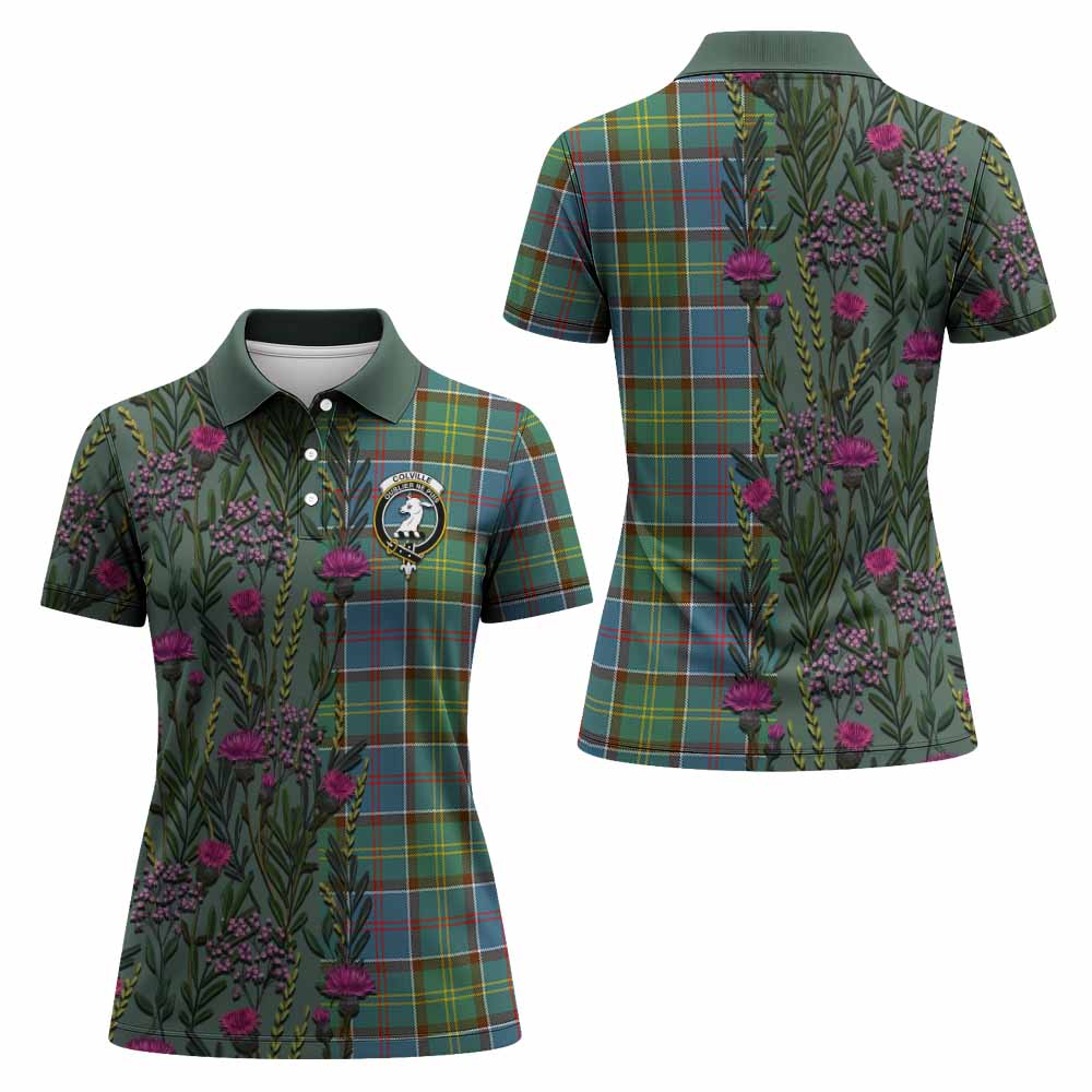 Colville Family Crest Tartan Women Polo Shirt Scottish Thistle Flower Pattern Half Style - Tartan Vibes Clothing