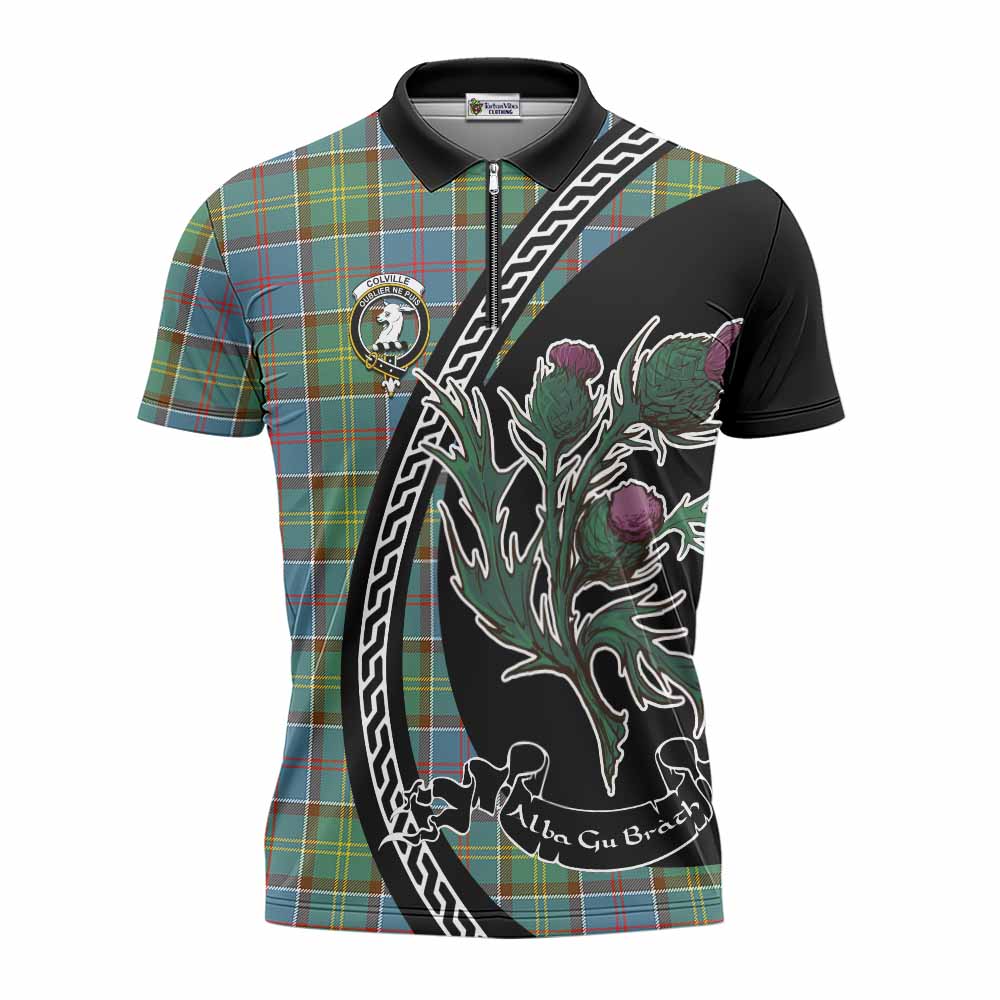 Colville Family Crest Tartan Zipper Polo Shirt Alba Thistle Inspired - Tartan Vibes Clothing