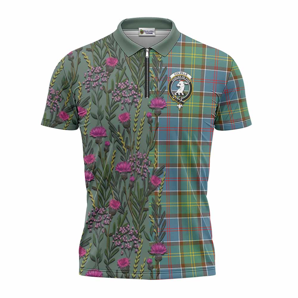 Colville Family Crest Tartan Zipper Polo Shirt Scottish Thistle Flower Pattern Half Style - Tartan Vibes Clothing