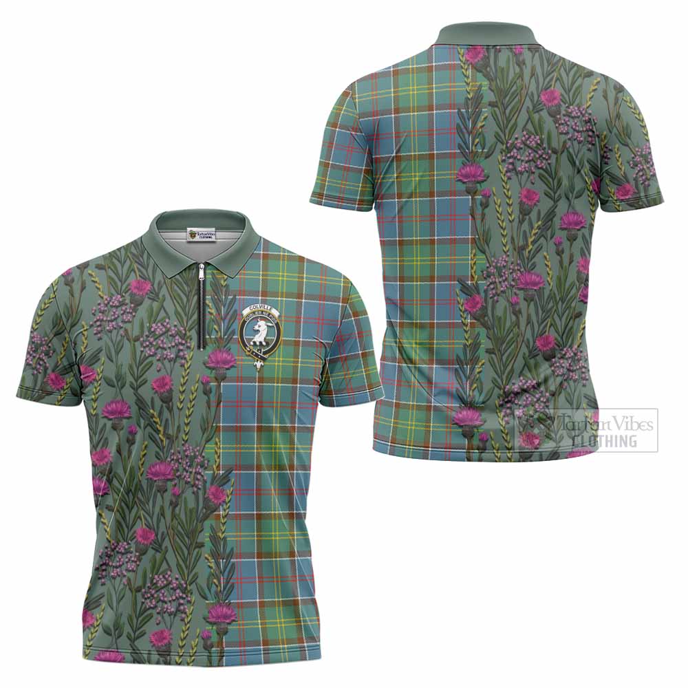 Colville Family Crest Tartan Zipper Polo Shirt Scottish Thistle Flower Pattern Half Style - Tartan Vibes Clothing