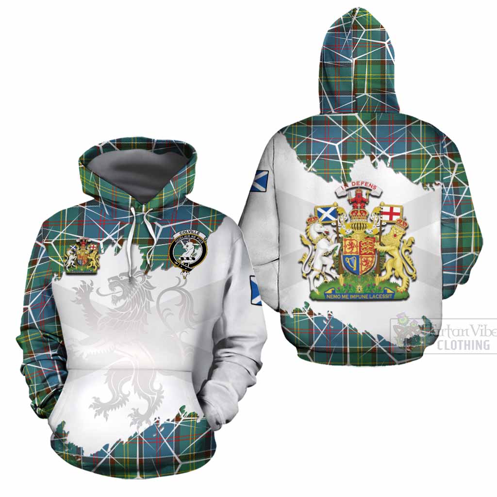 Colville Tartan Cotton Hoodie with Family Crest and Lion Rampant Grunge Style