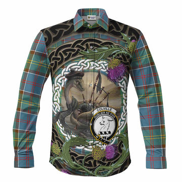 Colville Tartan Crest Bagpipe Nessie Long Sleeve Button Shirts Scottish Loch Ness Monster Celtic Thistle