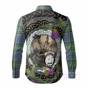 Colville Tartan Crest Bagpipe Nessie Long Sleeve Button Shirts Scottish Loch Ness Monster Celtic Thistle