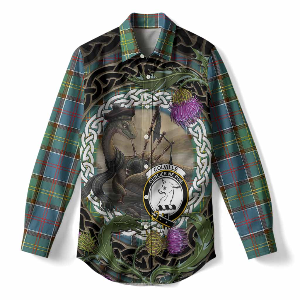 Colville Tartan Crest Bagpipe Nessie Women Casual Shirt Scottish Loch Ness Monster Celtic Thistle