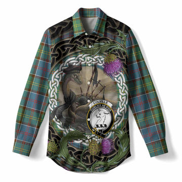 Colville Tartan Crest Bagpipe Nessie Women Casual Shirt Scottish Loch Ness Monster Celtic Thistle