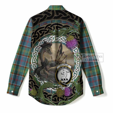 Colville Tartan Crest Bagpipe Nessie Women Casual Shirt Scottish Loch Ness Monster Celtic Thistle