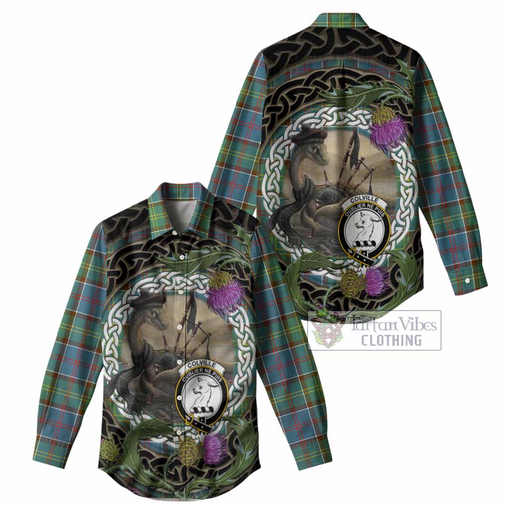 Colville Tartan Crest Bagpipe Nessie Women Casual Shirt Scottish Loch Ness Monster Celtic Thistle