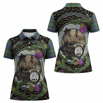 Colville Tartan Crest Bagpipe Nessie Women Polo Shirt Scottish Loch Ness Monster Celtic Thistle
