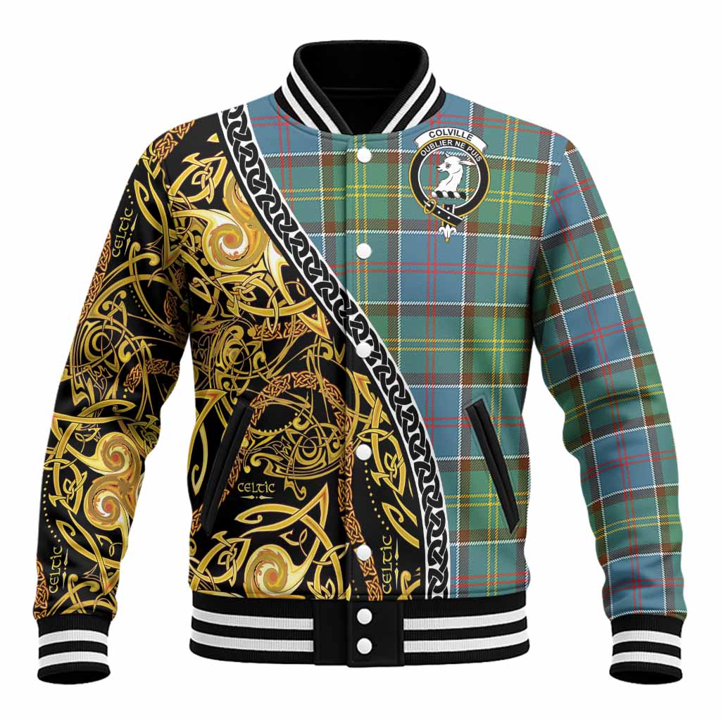 Colville Tartan Crest Baseball Jacket Celtic Knot and Triple Trickle Spiral Symbols