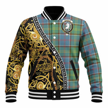 Colville Tartan Crest Baseball Jacket Celtic Knot and Triple Trickle Spiral Symbols