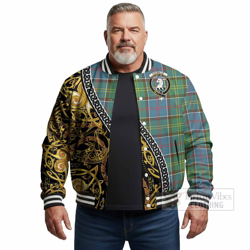 Colville Tartan Crest Baseball Jacket Celtic Knot and Triple Trickle Spiral Symbols