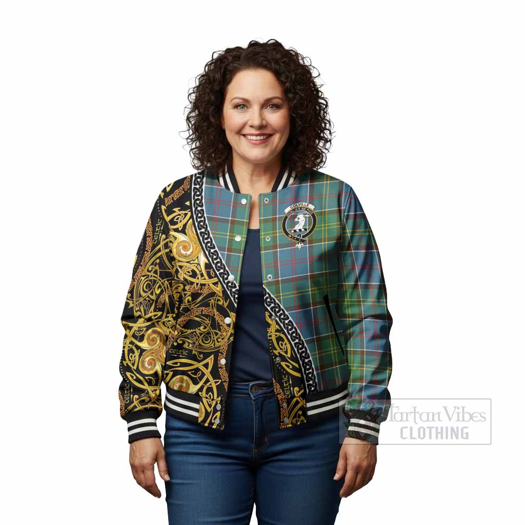 Colville Tartan Crest Baseball Jacket Celtic Knot and Triple Trickle Spiral Symbols