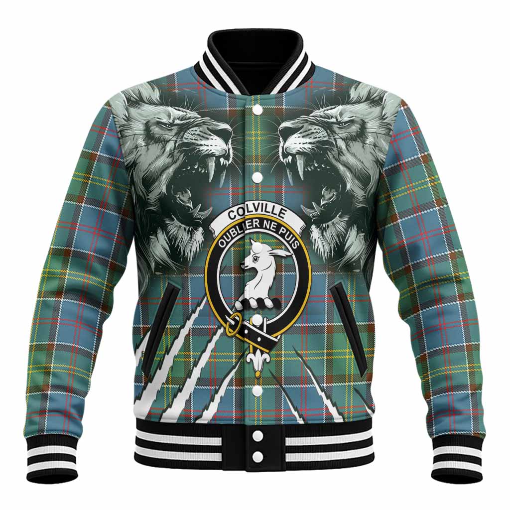Colville Tartan Crest Baseball Jacket Ferocious Lion Style