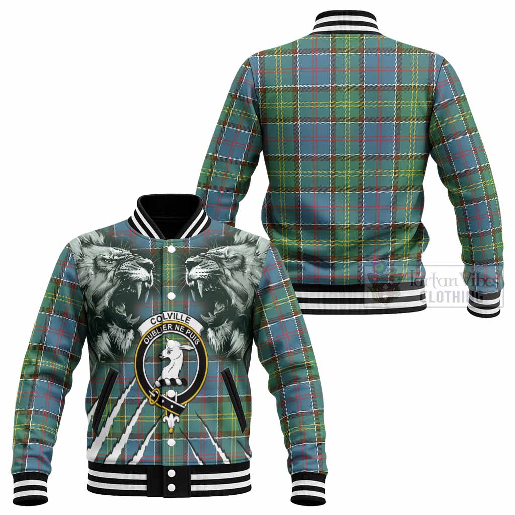 Colville Tartan Crest Baseball Jacket Ferocious Lion Style