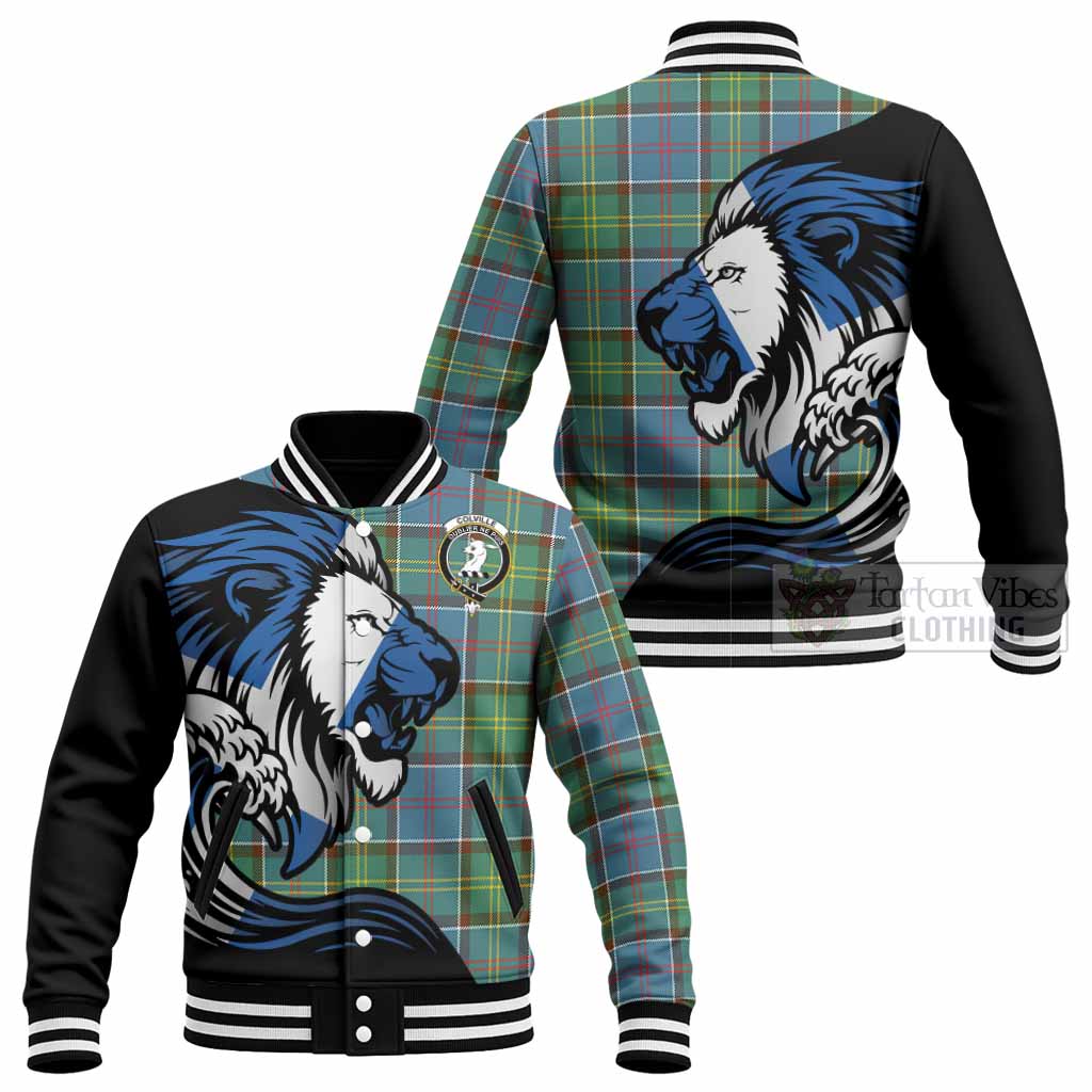 Colville Tartan Crest Baseball Jacket Scottish Golden Lions Wave Flow