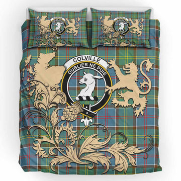 Colville Tartan Crest Bedding Set with Scottish Iconic Symbols 