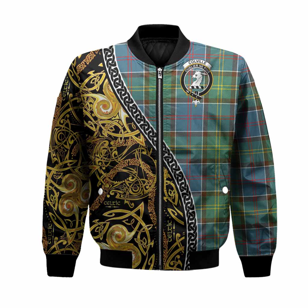 Colville Tartan Crest Bomber Jacket Celtic Knot and Triple Trickle Spiral Symbols