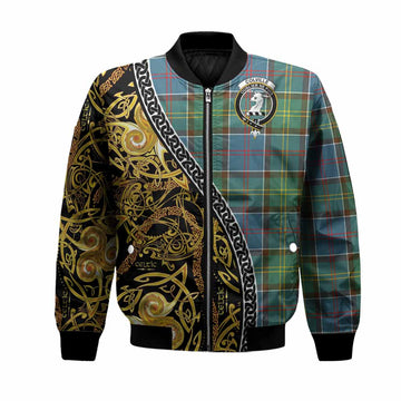 Colville Tartan Crest Bomber Jacket Celtic Knot and Triple Trickle Spiral Symbols