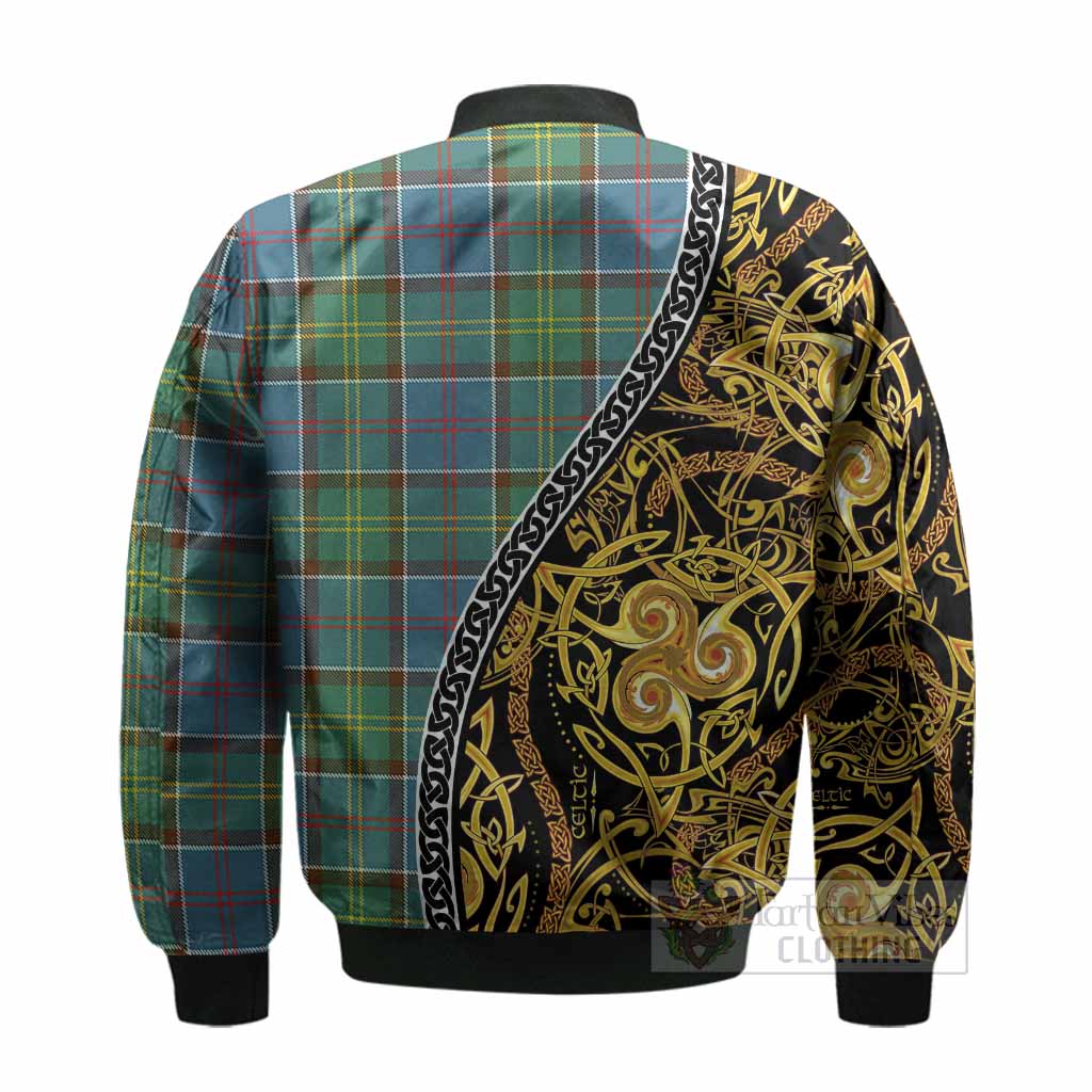 Colville Tartan Crest Bomber Jacket Celtic Knot and Triple Trickle Spiral Symbols