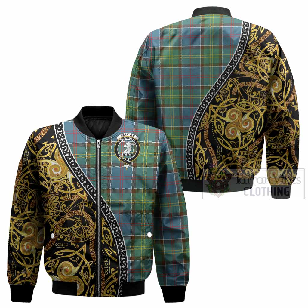 Colville Tartan Crest Bomber Jacket Celtic Knot and Triple Trickle Spiral Symbols