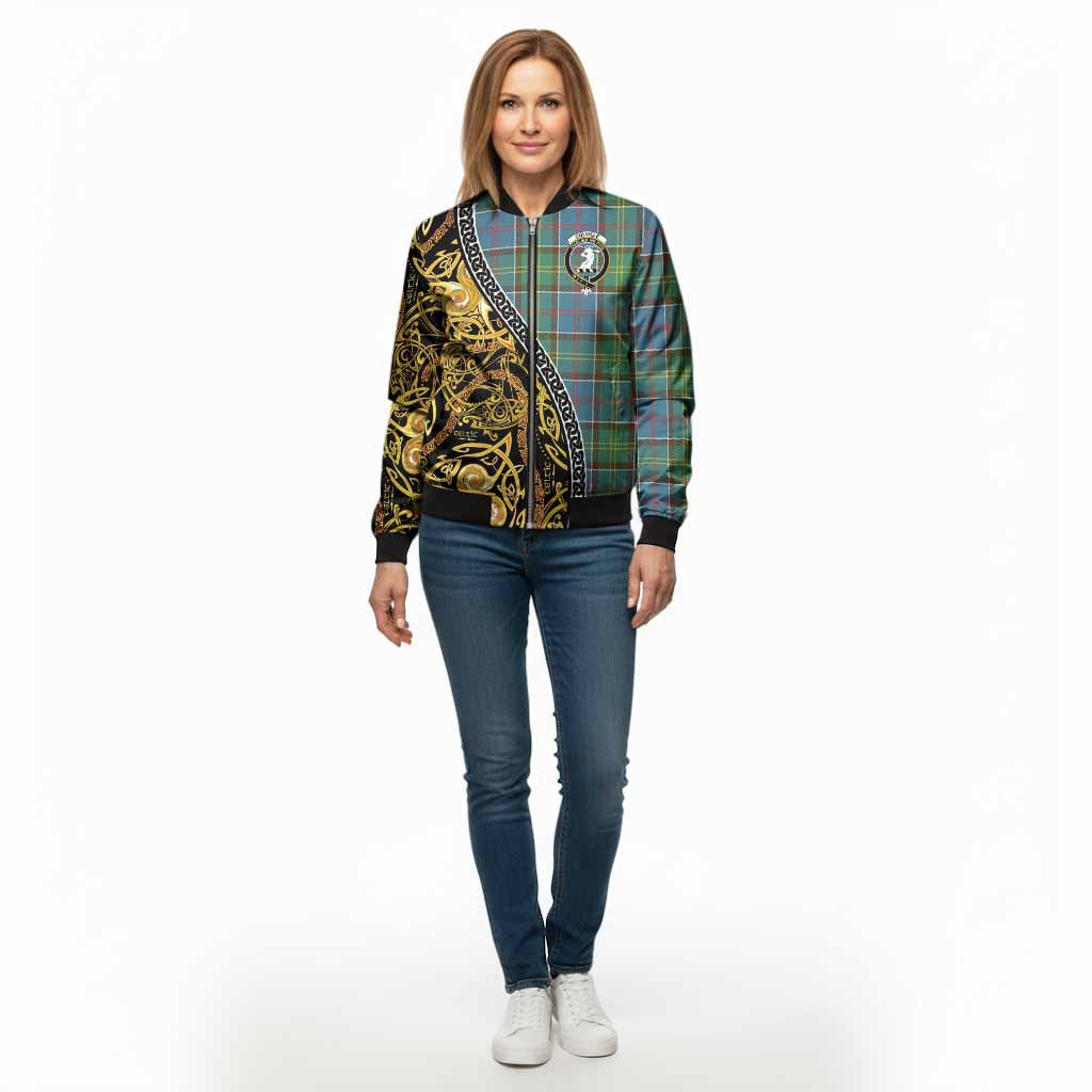 Colville Tartan Crest Bomber Jacket Celtic Knot and Triple Trickle Spiral Symbols