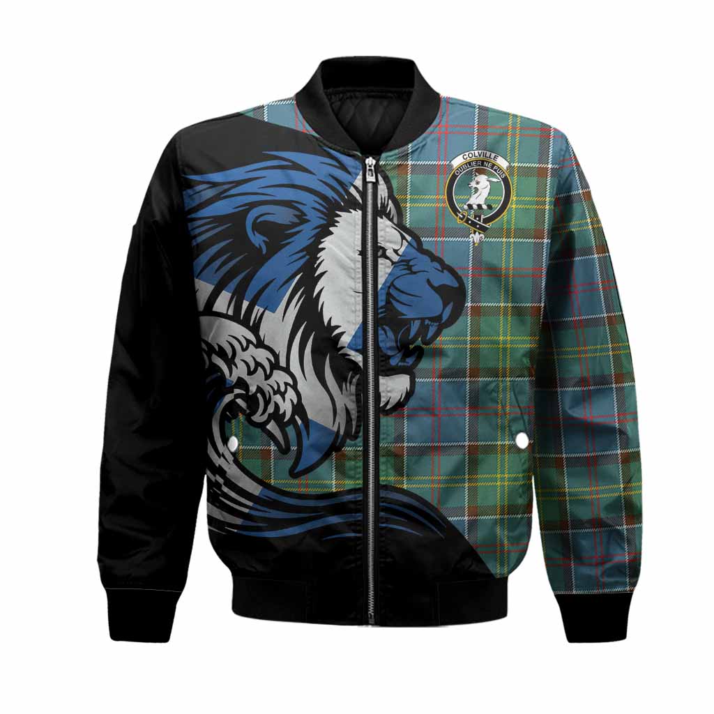 Colville Tartan Crest Bomber Jacket Scottish Golden Lions Wave Flow