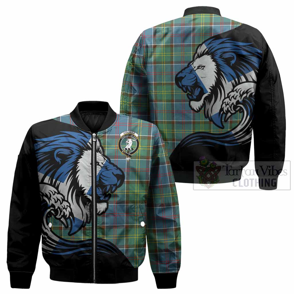 Colville Tartan Crest Bomber Jacket Scottish Golden Lions Wave Flow