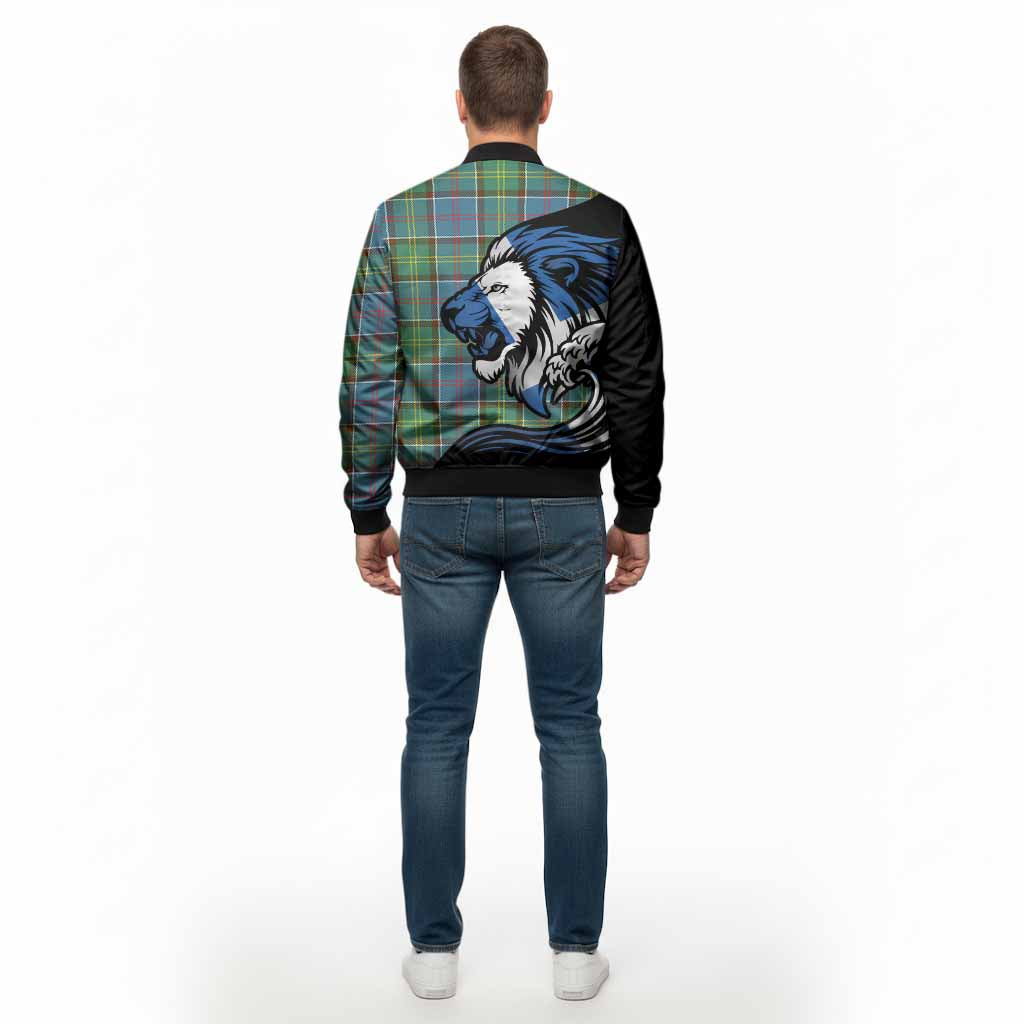 Colville Tartan Crest Bomber Jacket Scottish Golden Lions Wave Flow