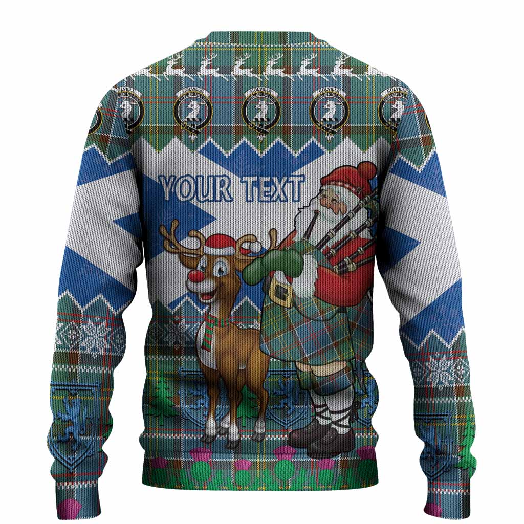 Colville Tartan Crest Christmas Christmas Ugly Sweater Scotland Santa With Bagpipes Cute Reindeer