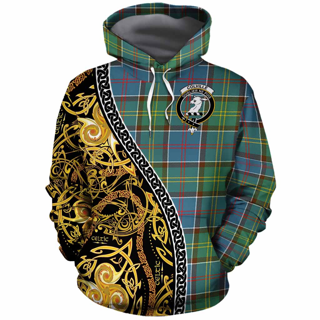 Colville Tartan Crest Cotton Hoodie Celtic Knot and Triple Trickle Spiral Symbols