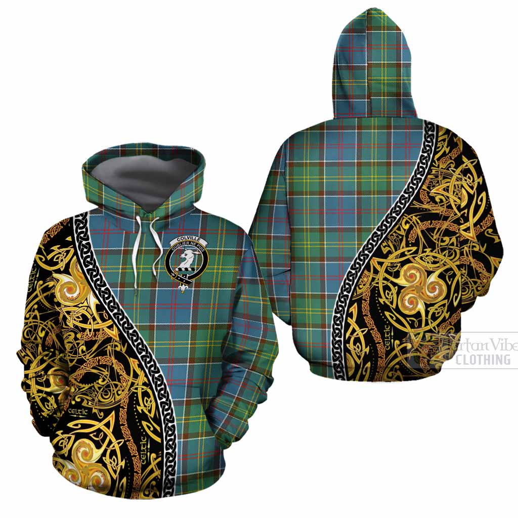 Colville Tartan Crest Cotton Hoodie Celtic Knot and Triple Trickle Spiral Symbols