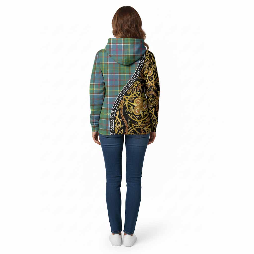 Colville Tartan Crest Cotton Hoodie Celtic Knot and Triple Trickle Spiral Symbols