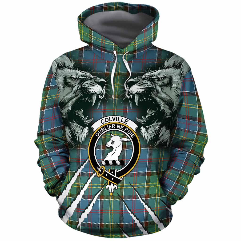 Colville Tartan Crest Cotton Hoodie Ferocious Lion Style