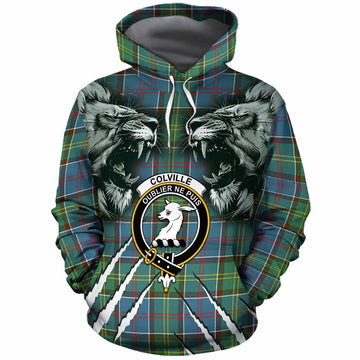 Colville Tartan Crest Cotton Hoodie Ferocious Lion Style