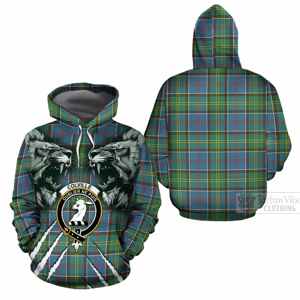 Colville Tartan Crest Cotton Hoodie Ferocious Lion Style