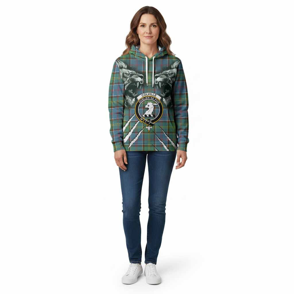 Colville Tartan Crest Cotton Hoodie Ferocious Lion Style