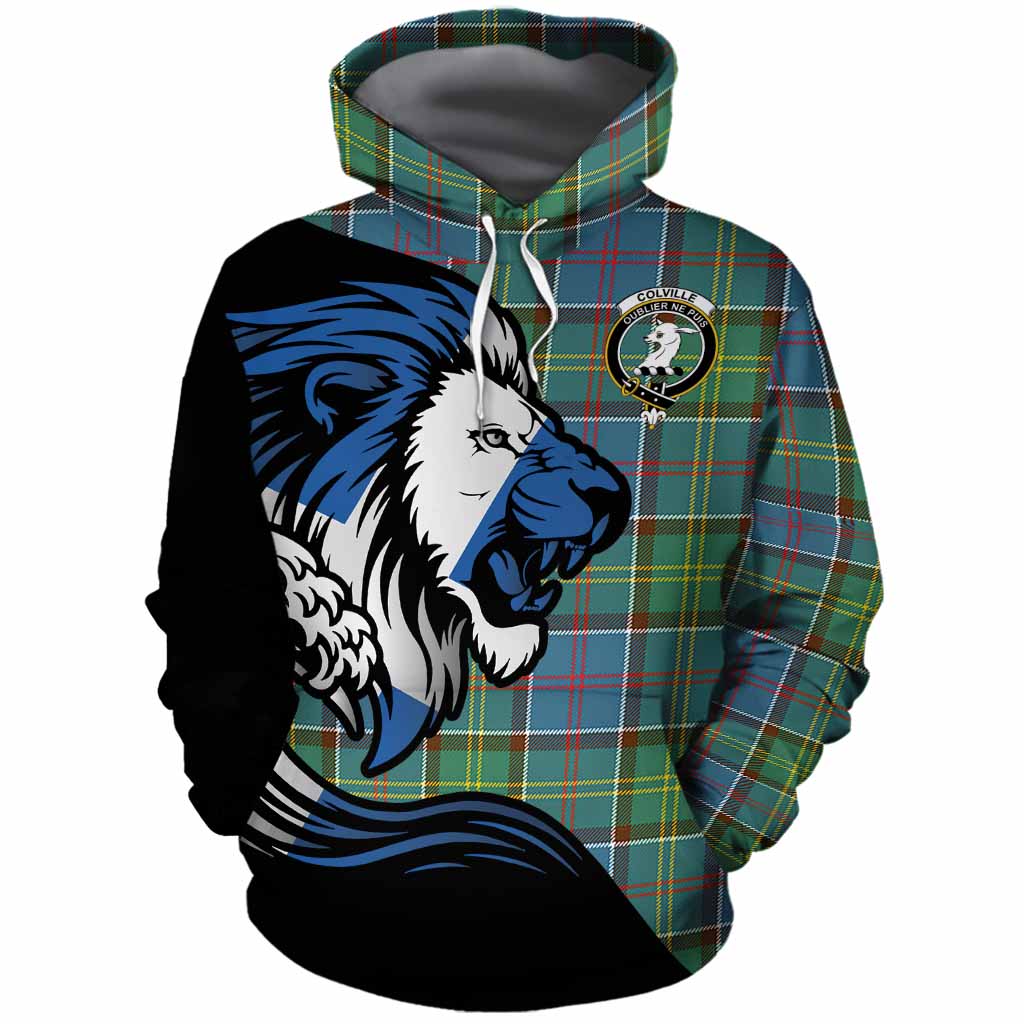 Colville Tartan Crest Cotton Hoodie Scottish Golden Lions Wave Flow