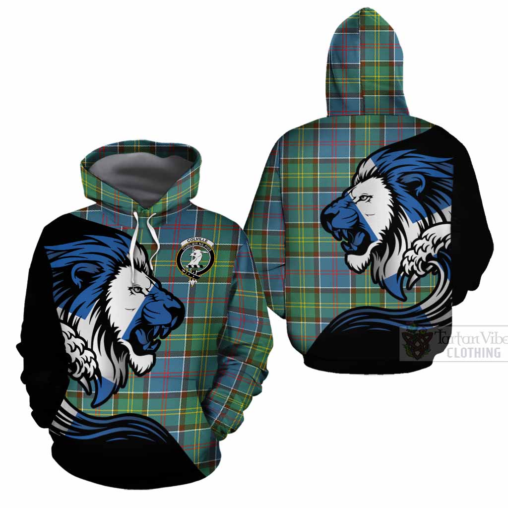 Colville Tartan Crest Cotton Hoodie Scottish Golden Lions Wave Flow